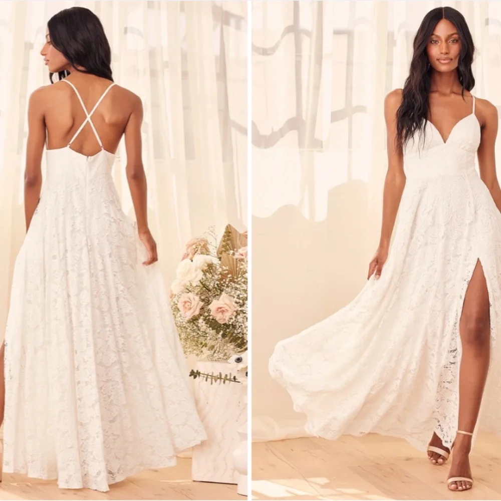 LULU's Bridal Wedding Sexy Elegant Floral Lace Flowy Romantic Boho Maxi Dress